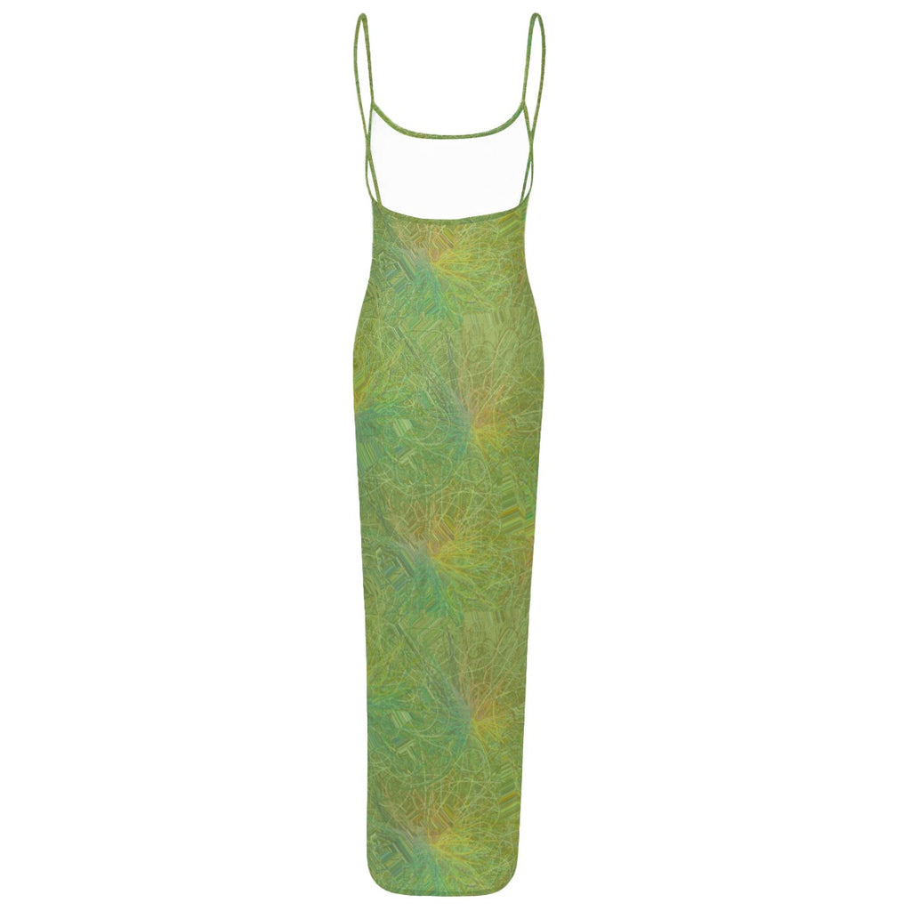 GSATS All-Over Print Women's Sheer Mesh Backless Spaghetti Strap Maxi Dress