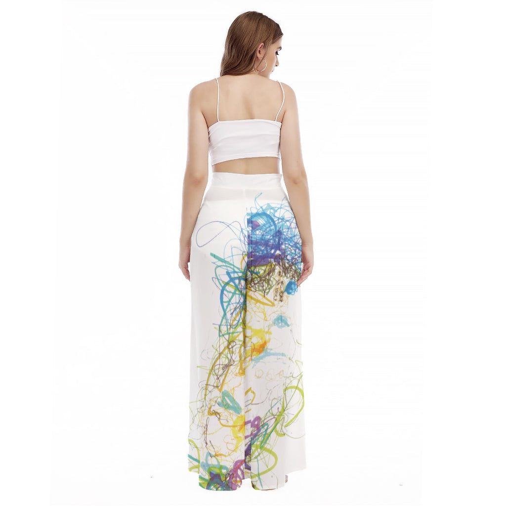 Santorini Abstract Scribble All-Over Print Women's High Waist Wide Leg Trousers