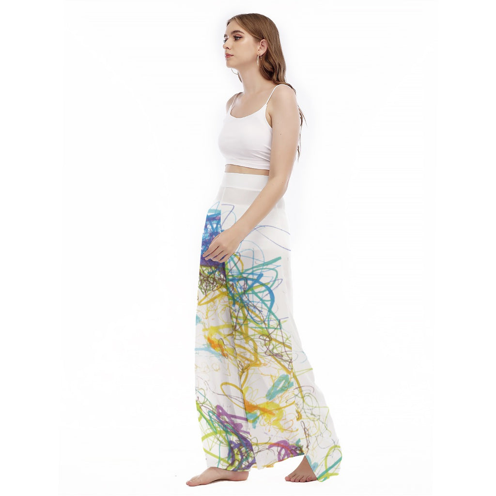 Santorini Abstract Scribble All-Over Print Women's High Waist Wide Leg Trousers