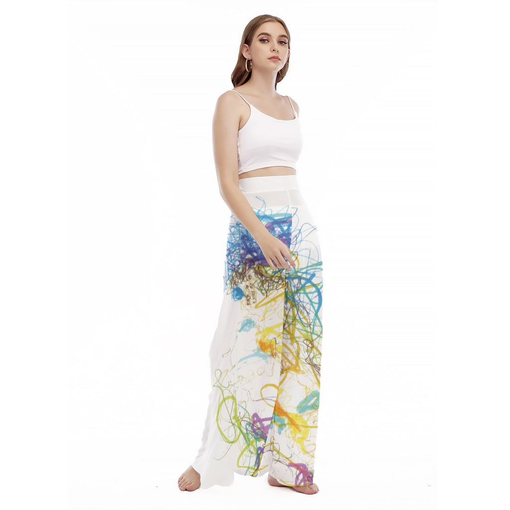 Santorini Abstract Scribble All-Over Print Women's High Waist Wide Leg Trousers